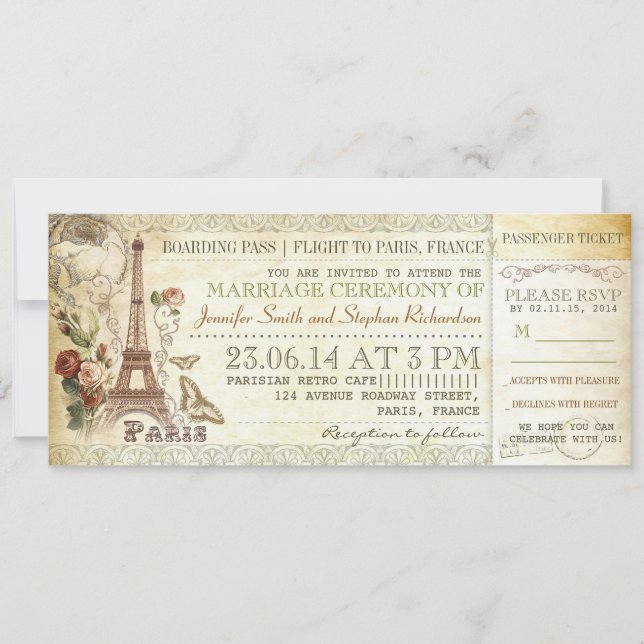 boarding pass wedding tickets to PARIS Invitation (Front)