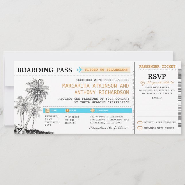 boarding pass wedding tickets with RSVP together Invitation (Front)