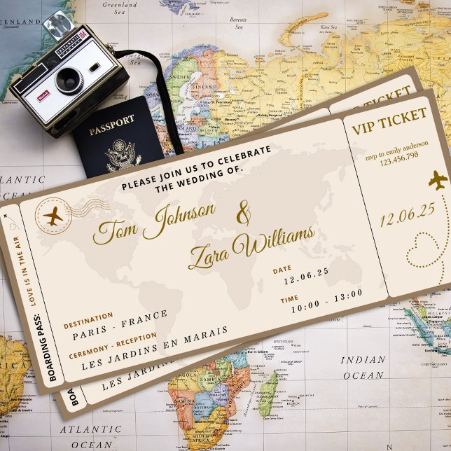 Boarding Pass Wedding VIP Airline Ticket Beige  Invitation (Fake Ticket Boarding Pass Travel Themed Gift Invitation)