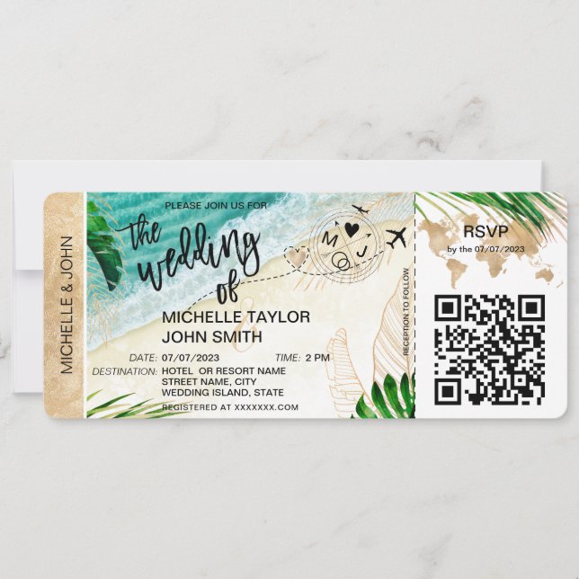 Boarding Pass World Map Island Beach RSVP QR code  Invitation (Front)