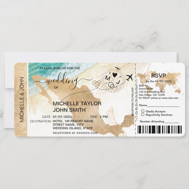 Boarding Pass World Map Mexico Beach RSVP Invitation (Front)
