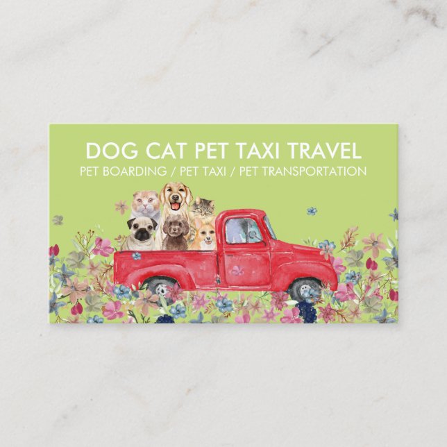 Boarding Truck Flowers Green Dogs Cats Pet Business Card (Front)