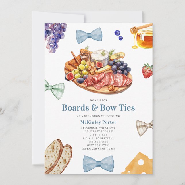 Boards & Bow Ties Charcuterie Blue Boy Baby Shower Invitation (Front)