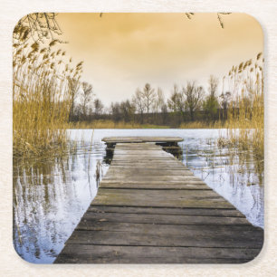 Boardwalk Dock on Ukraine River Square Paper Coaster