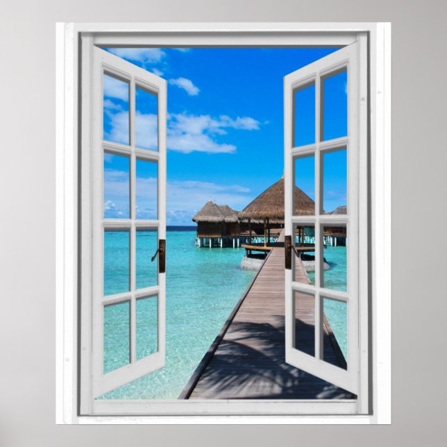 Boardwalk Pier Ocean View Faux Window Poster (Front)