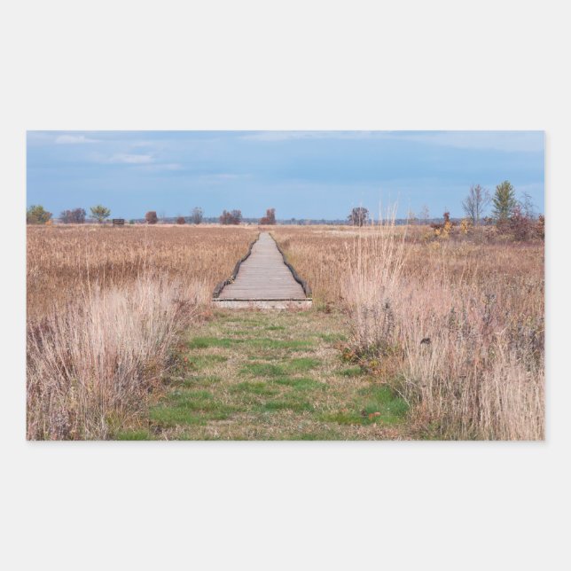 boardwalk through prairie at necedah rectangular sticker (Front)