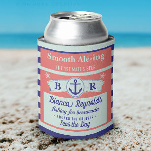 Boat 1st Mate Nautical Sailor Striped Coral Beer Can Cooler
