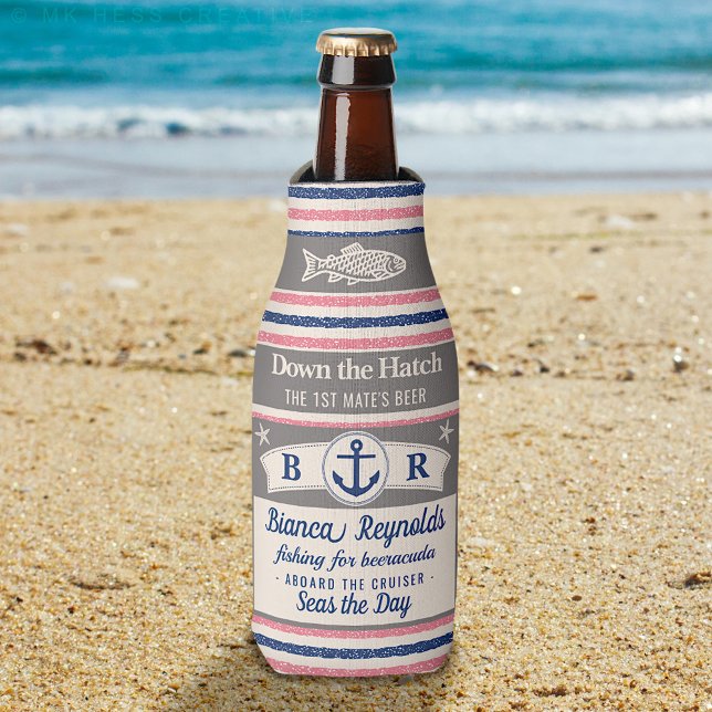 Boat 1st Mate Nautical Sailor Striped Cute Beer Bottle Cooler (Creator Uploaded)