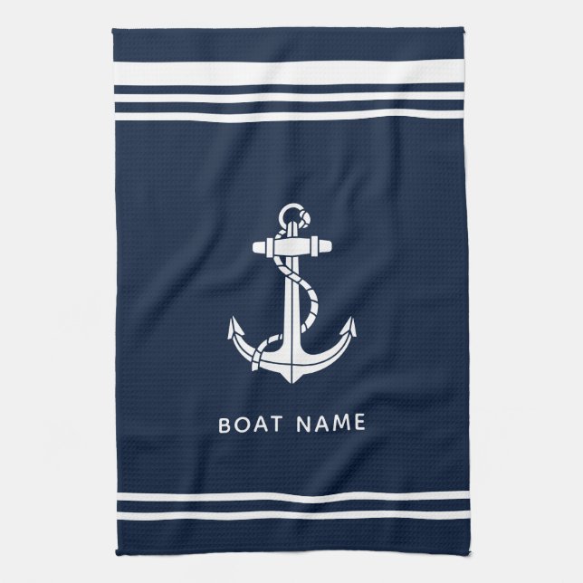 Boat Anchor and Name Modern Custom Tea Towel (Vertical)