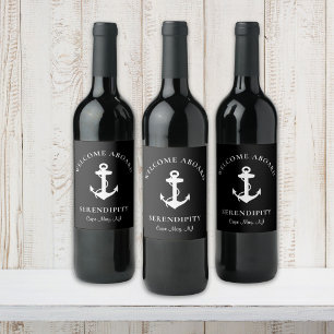 Boat Anchor Black White Personalised Wine Label