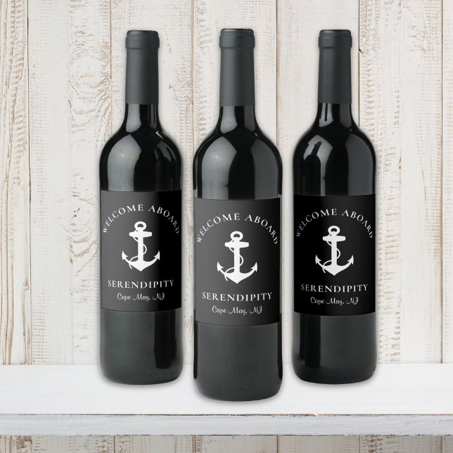 Boat Anchor Black White Personalised Wine Label (Creator Uploaded)