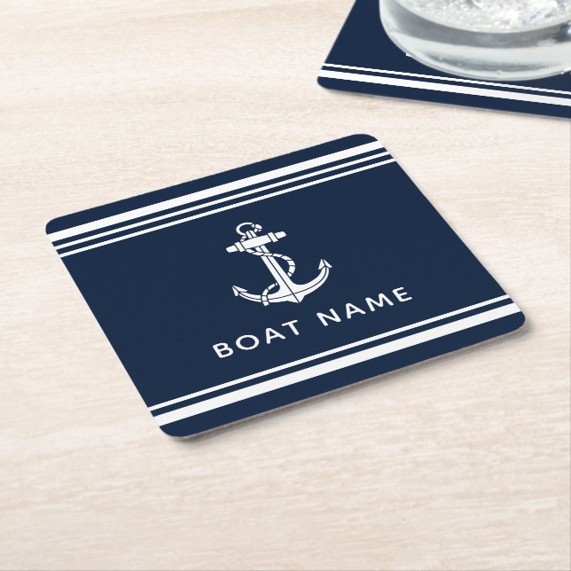 Boat Anchor Name Navy Blue Nautical Custom Square Paper Coaster (Angled)