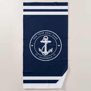 Boat Anchor Nautical Navy Blue and White Custom Beach Towel