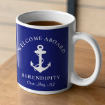 Boat Anchor Navy Blue Personalised Coffee Mug<br><div class="desc">A chic modern nautical-themed mug for your boat that features a white anchor on a navy blue background. You can personalise the "Welcome Aboard" text and your boat's name and location in elegant white typography.</div>