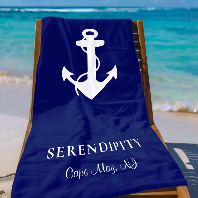 Boat Anchor Personalised Navy Blue Beach Towel (Creator Uploaded)