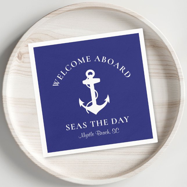 Boat Anchor Personalised Welcome Aboard Navy Blue Napkin (Creator Uploaded)