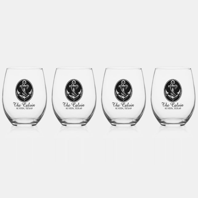Boat Anchor with Name Stemless Wine Glass (Front)
