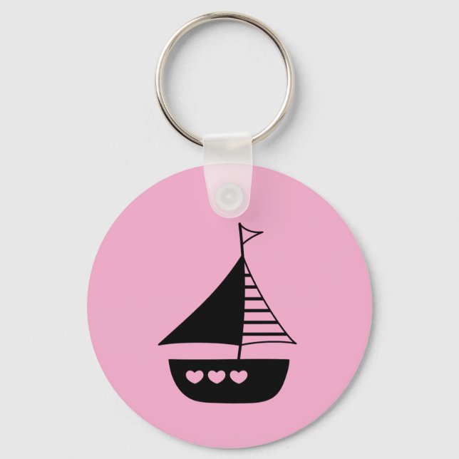 Boat and heart design on a cute pink  key ring (Front)