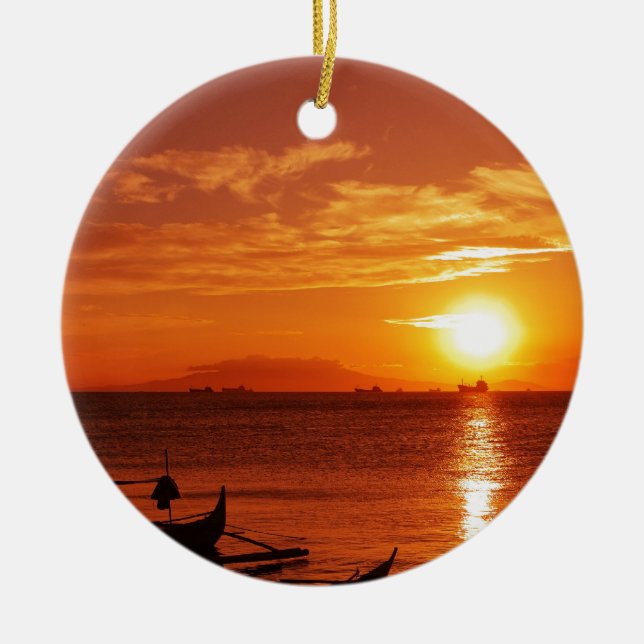 boat and sunset ceramic tree decoration (Front)