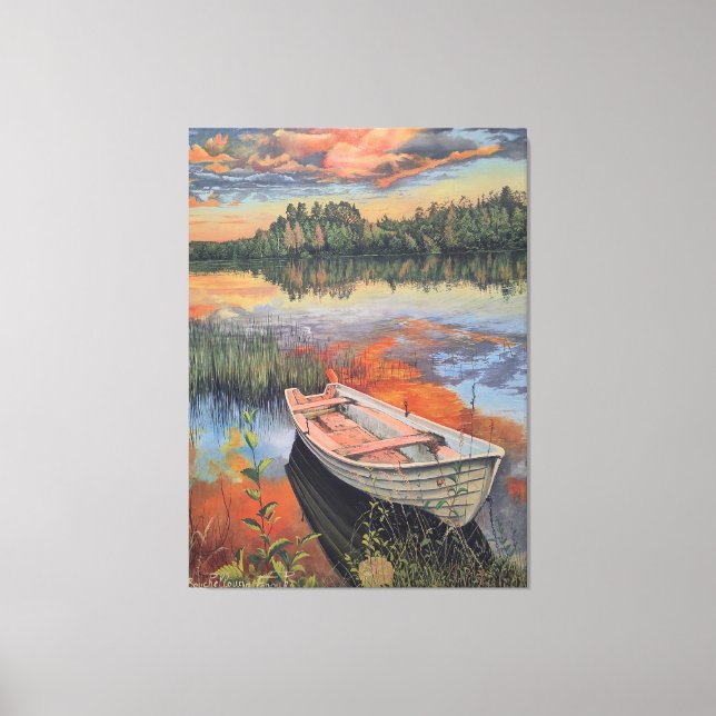 Boat at Sunset: Realistic Lake Reflection wall Art (Front)