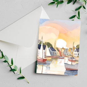 Boat Bay Coastal Ocean Watercolor Painting Card