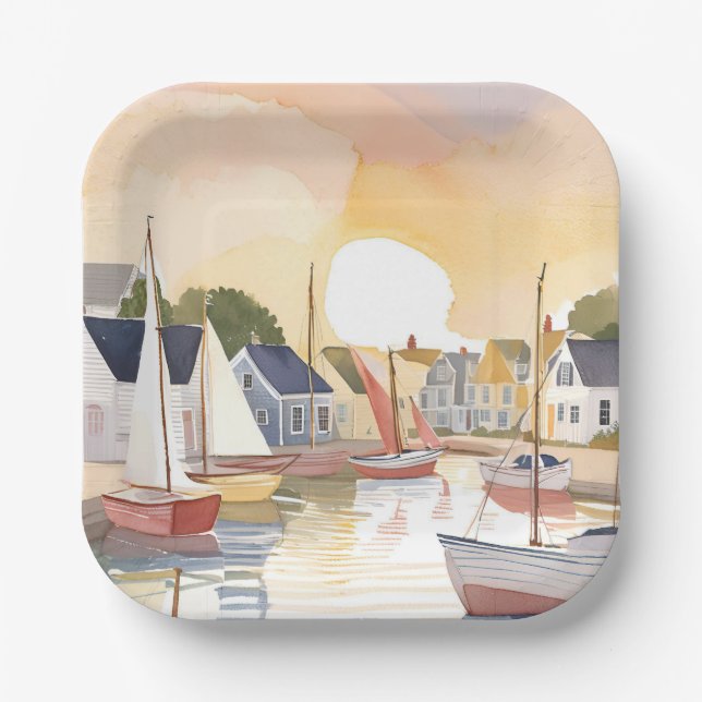 Boat Bay | Coastal Ocean Watercolor Painting Paper Plate (Front)