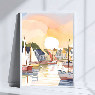 Boat Bay Coastal Ocean Watercolor Painting Poster