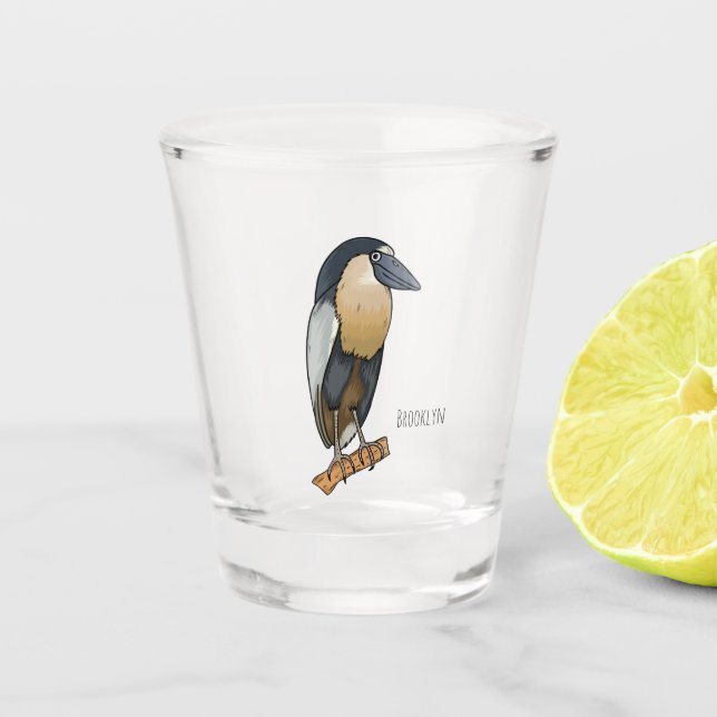 Boat-billed heron bird cartoon illustration  shot glass (Front)