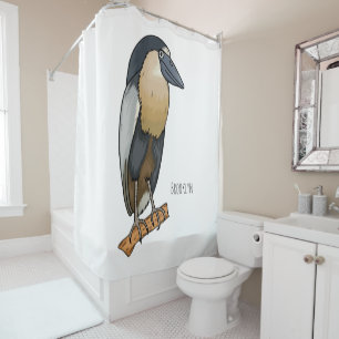 Boat-billed heron bird cartoon illustration shower curtain
