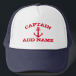 Boat captain hat with red nautical anchor and name<br><div class="desc">Boat captain hat with red nautical anchor and custom name. Vintage typography template. Make your own personalised hat for sailing and boating. Red ship anchor symbol with grungy text. Cool Birthday or Father's Day gift idea for men. Make your own for dad, uncle, father, brother, husband, sailor, skipper, fisher etc....</div>