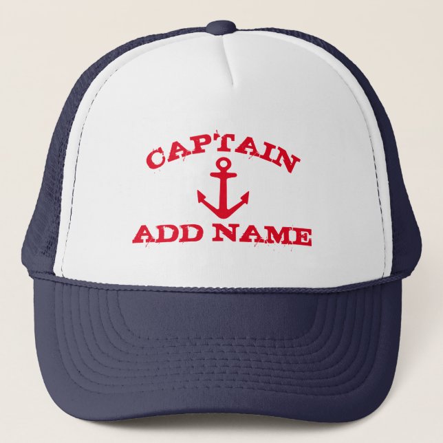 Boat captain hat with red nautical anchor and name (Front)