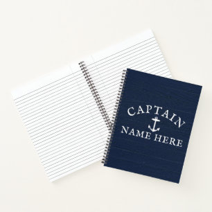 Boat Captain Name Nautical Anchor Navy Blue Notebook