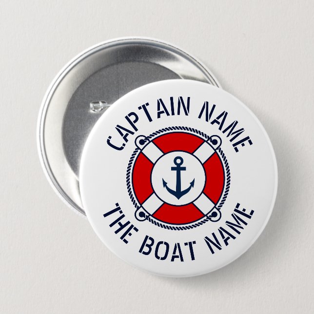 Boat captain name red lifebuoy life saver lifebelt 7.5 cm round badge (Front & Back)