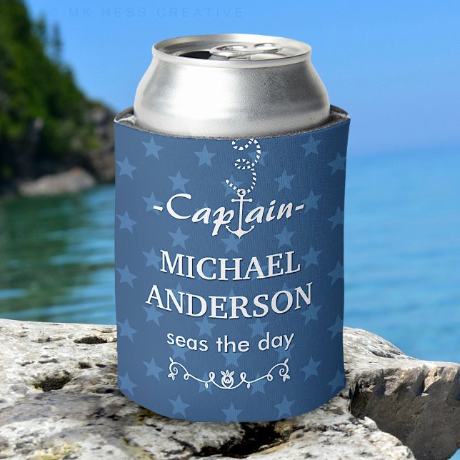 Boat Captain Nautical Anchor Custom Name | Blue Can Cooler (Creator Uploaded)
