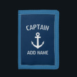 Boat captain navy blue nautical anchor custom mens tri-fold wallet<br><div class="desc">Custom navy blue and white nautical anchor boat captain money wallet for men. Personalised accessory with ship anchor logo. Maritime accessories for sailor and sailing enthusiasts. Customisable colour. Cool Christmas, Fathers Day, Wedding or Birthday party gift for friends, son, dad, father, husband, brother, uncle, grandpa, wedding groom etc. Make your...</div>