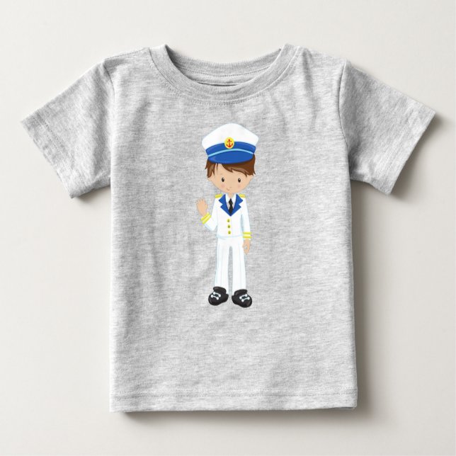 Boat Captain, Skipper, Brown Hair, Cute Boy Baby T-Shirt (Front)