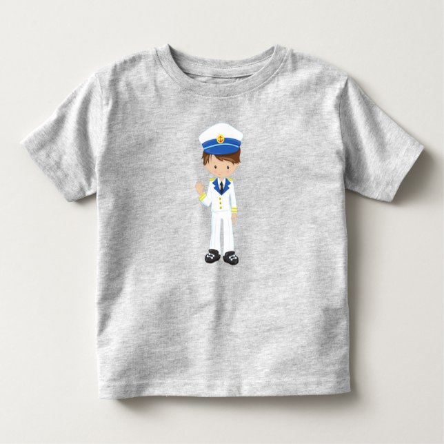 Boat Captain, Skipper, Brown Hair, Cute Boy Toddler T-Shirt (Front)