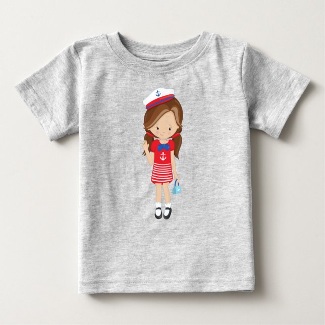 Boat Captain, Skipper, Brown Hair, Cute Girl Baby T-Shirt (Front)