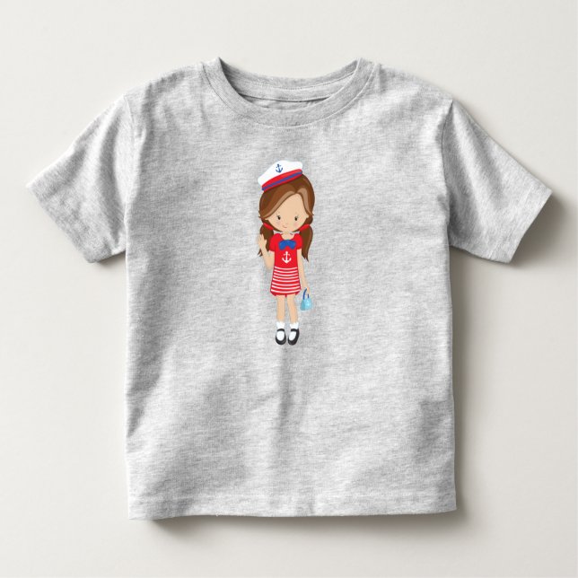 Boat Captain, Skipper, Brown Hair, Cute Girl Toddler T-Shirt (Front)