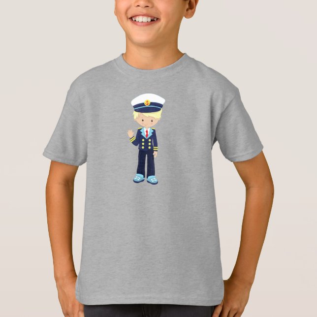 Boat Captain, Skipper, Cute Boy, Blonde Hair T-Shirt (Front)