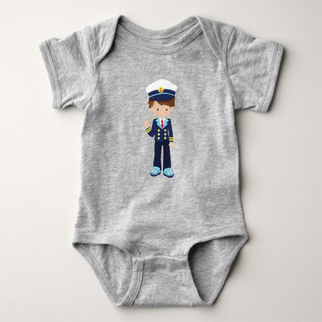 Boat Captain, Skipper, Cute Boy, Brown Hair Baby Bodysuit (Front)