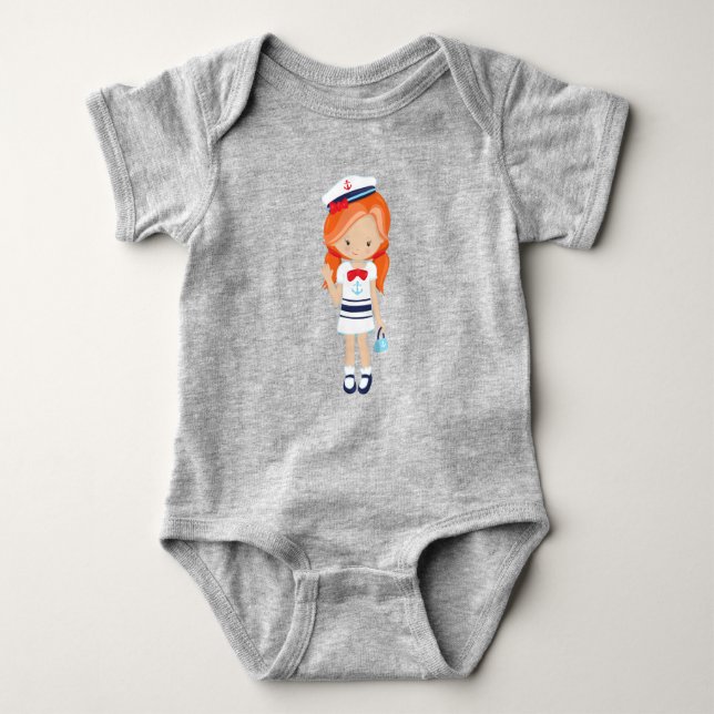 Boat Captain, Skipper, Cute Girl, Orange Hair Baby Bodysuit (Front)