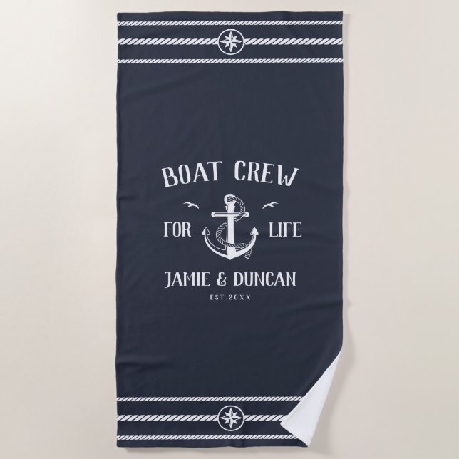 Boat Crew For Life Nautical Modern Custom Name Beach Towel (Front)
