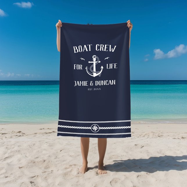 Boat Crew For Life Nautical Modern Custom Name Beach Towel (Creator Uploaded)