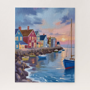 Boat Day Coastal Bay Ocean Watercolor Painting Jigsaw Puzzle