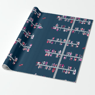 Boat Docks- Pink And Reds on Navy Wrapping Paper