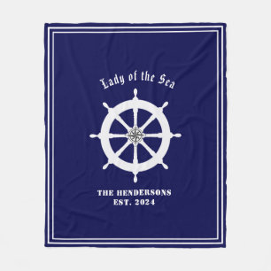 Boat helm with compass rose Customisable Navy blue Fleece Blanket