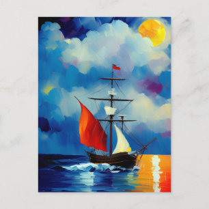Boat in the Night Holiday Postcard