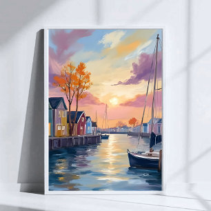 Boat Marina   Coastal Bay Watercolor Painting Poster