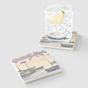 Boat Marina   Watercolor Ocean Bay Stone Coaster